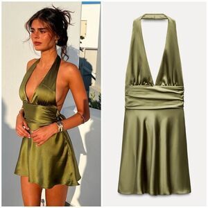 NWT ZARA Satin Effect Halter Dress in Green Size M